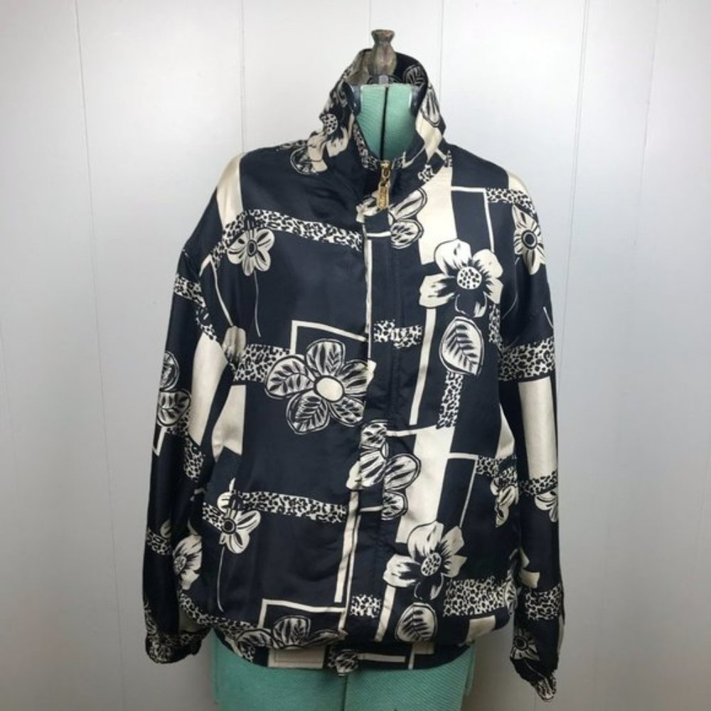 Vintage Silk Funnel Neck Floral Jacket Lightweight Statement Jacket Large